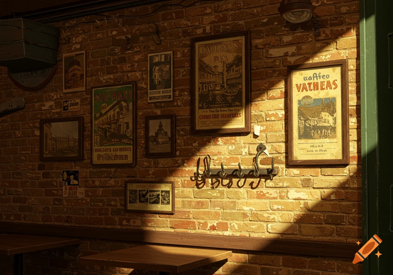 Interior view of a cafe wall with brick, vintage framed posters, and a coat rack, lit by sunlight.
