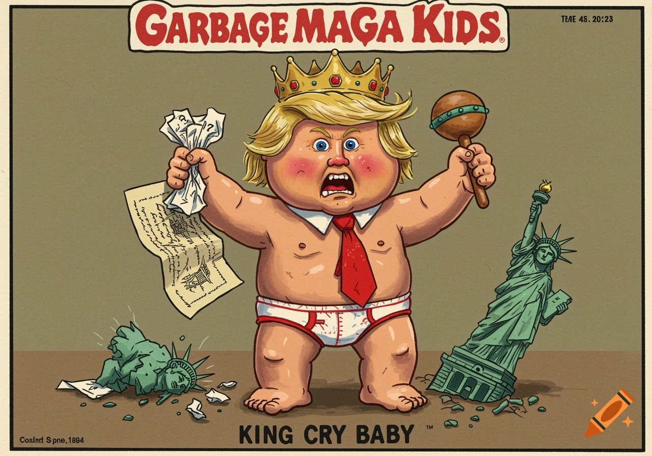 Cartoon in Garbage Pail Kids style of a blond baby wearing a crown and diaper, red tie, holding crumpled paper and a rattle, with a broken Statue of Liberty. Text reads "Garbage MAGA Kids" and "King Cry Baby".