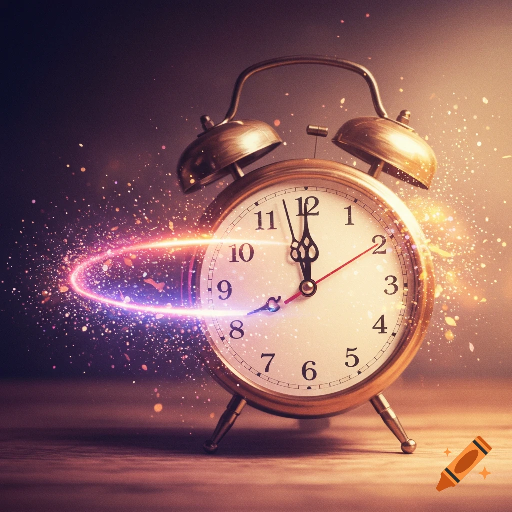 A bronze alarm clock with glowing light trails and sparkling particles representing time or magic.