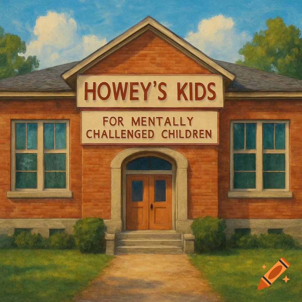 A red brick schoolhouse with white signs reading 'Howey's Kids' and 'For Mentally Challenged Children' under a blue sky.