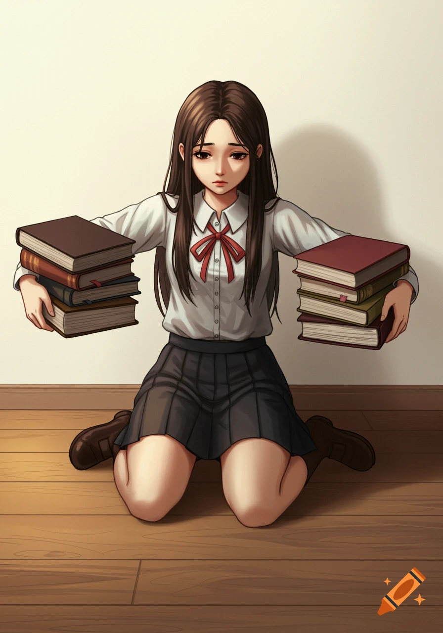 An anime girl in a school uniform kneels on a wooden floor, holding stacks of books in each arm with a sad expression.