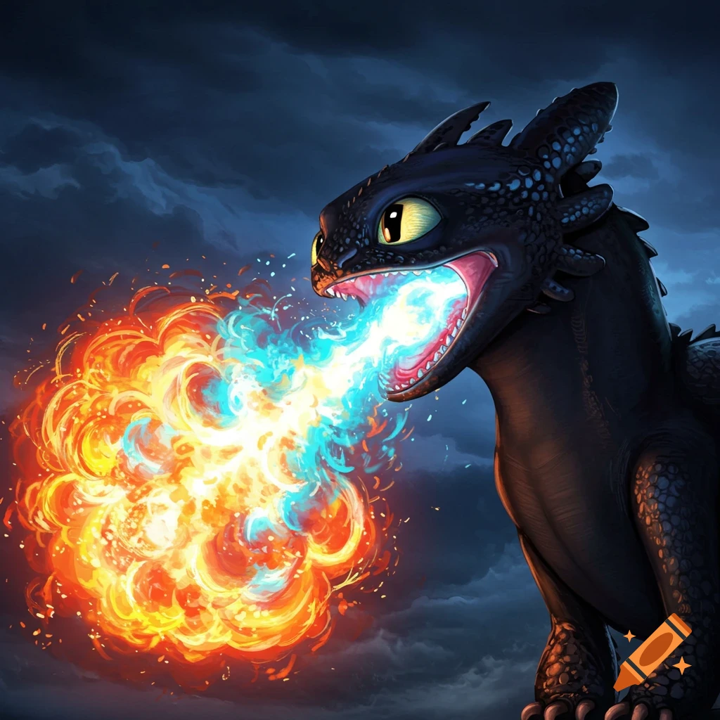 A black dragon with green eyes breathes blue fire into a large orange and yellow fireball against a dark, cloudy night sky in an animated style.