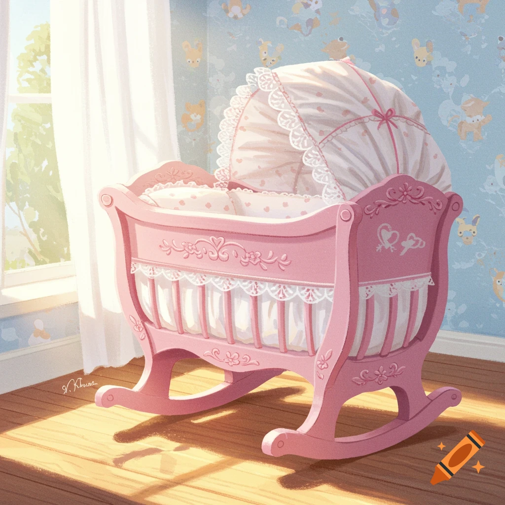A pink baby cradle with a canopy and white lace details sits in a sunlit nursery room with blue wallpaper and cartoon animal patterns.
