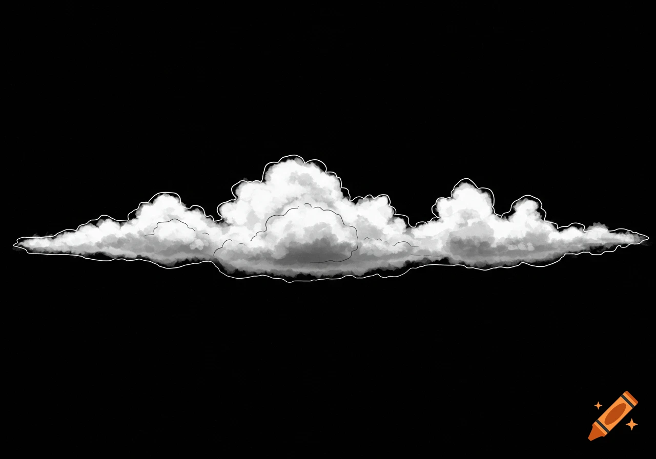 A white cloud with a black outline on a black background.