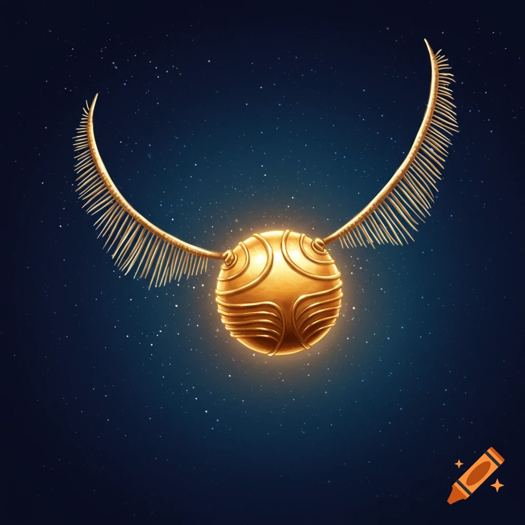 A glowing golden snitch with feathered wings floats against a dark blue, star-filled sky.