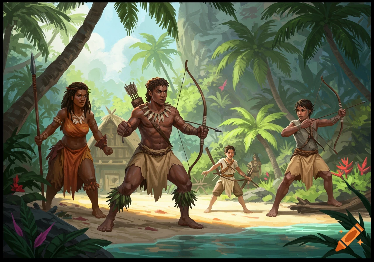 Five people, some with bows and spears, stand on a sandy beach by turquoise water in a lush tropical jungle.