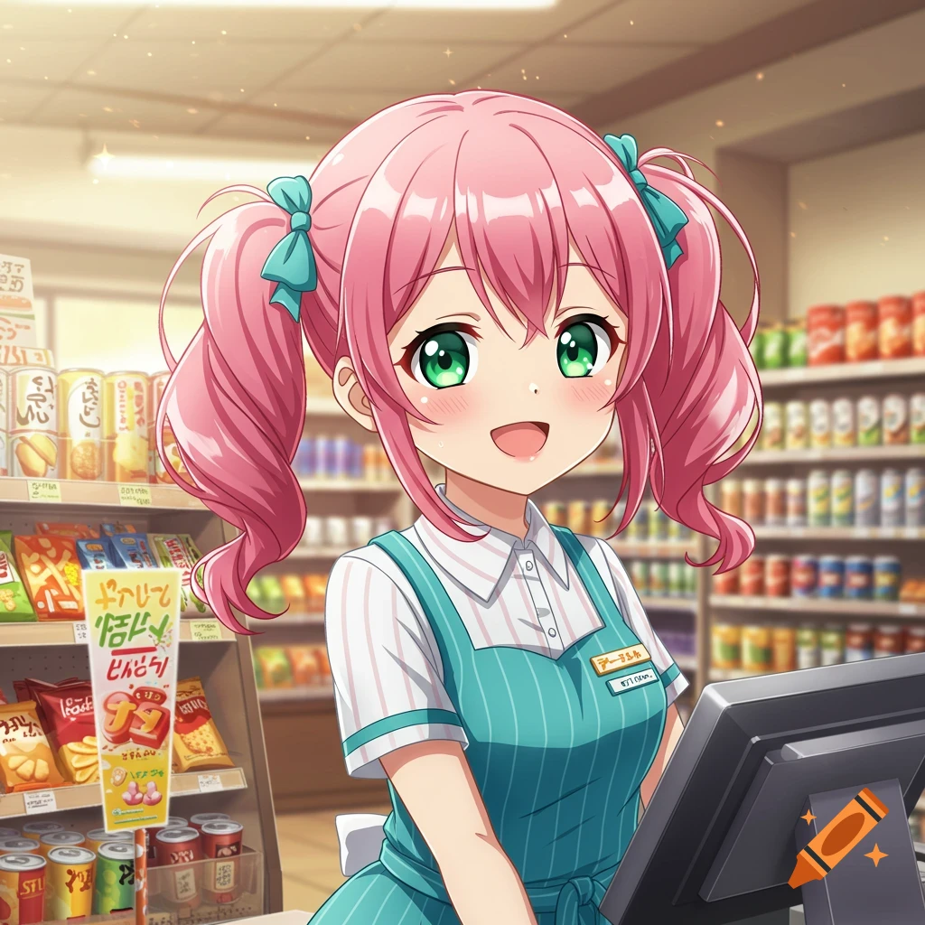 A smiling anime girl with pink pigtails and green eyes, wearing a blue apron over a striped shirt, works as a cashier in a brightly lit convenience store.