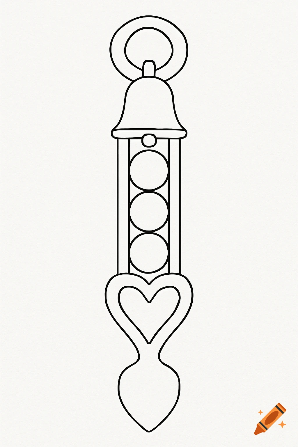 A black and white line drawing of a traditional Welsh love spoon design, featuring a bell, three circles within a frame, and a heart shape.