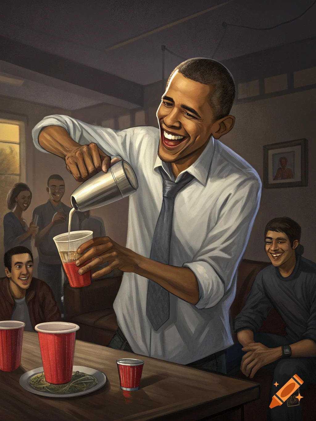 Stylized illustration of Barack Obama pouring a drink into a red cup at a lively house party with other people.