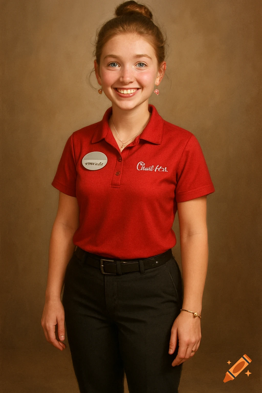 A smiling young woman with her hair in a bun wears a red polo shirt with a name tag and black pants, standing against a brown background.