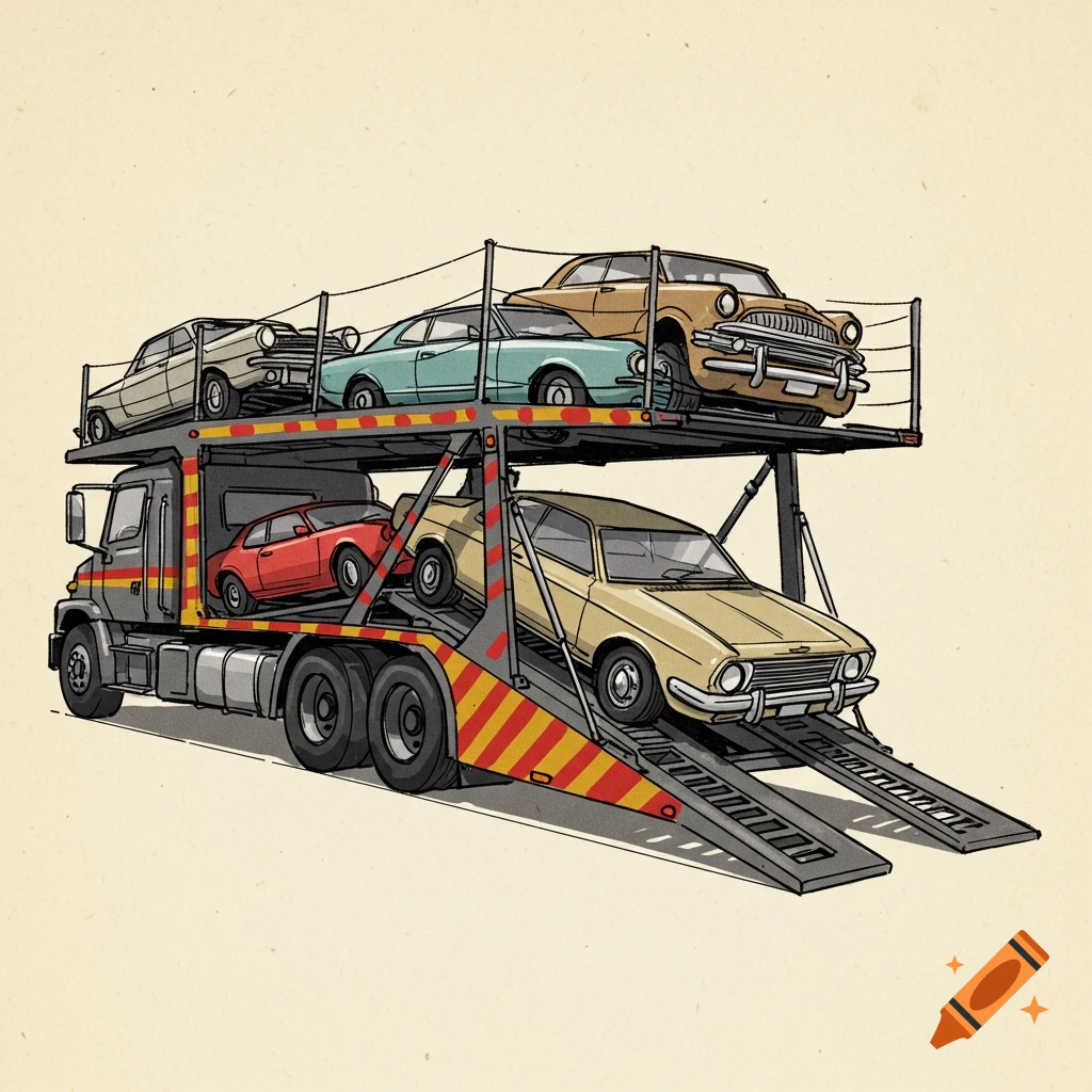 An illustration of a grey auto transport truck carrying multiple vintage-style cars on its upper and lower decks.