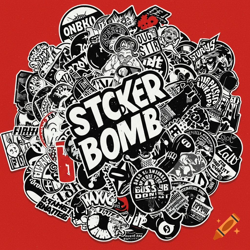A dense pile of black and white graphic stickers, including the text 'STICKER BOMB', on a red background.
