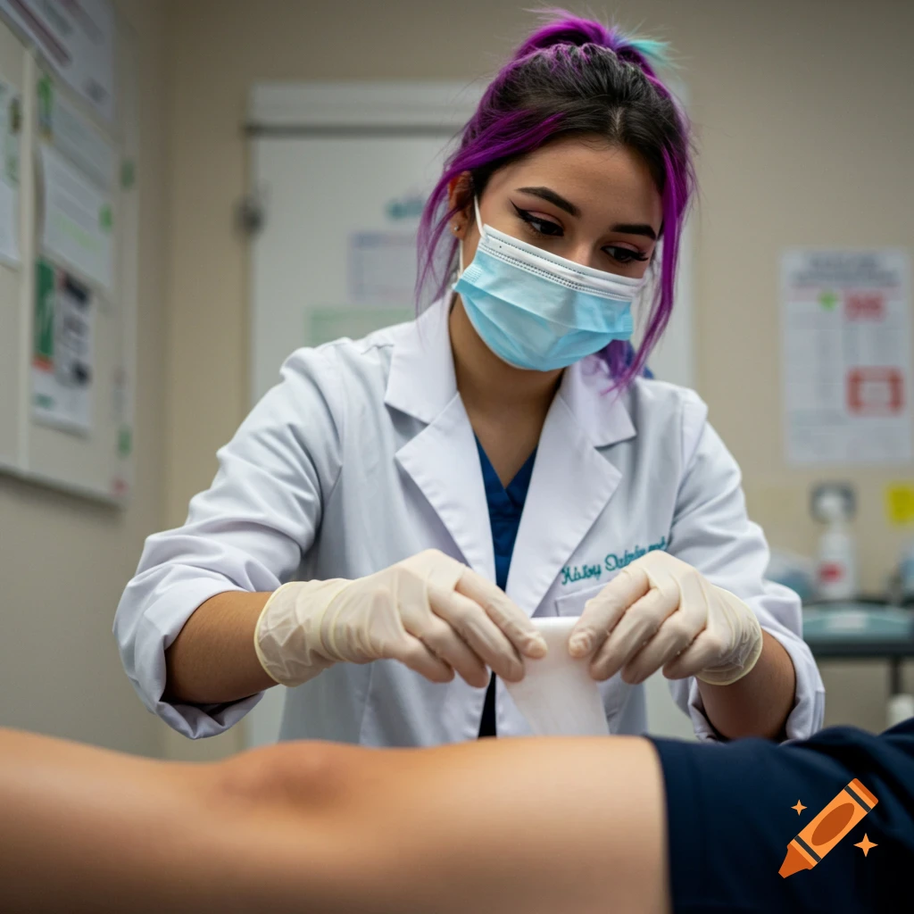 A young female doctor with purple hair and a face mask examines a patient's leg, wearing a white lab coat and gloves. Photorealistic style.