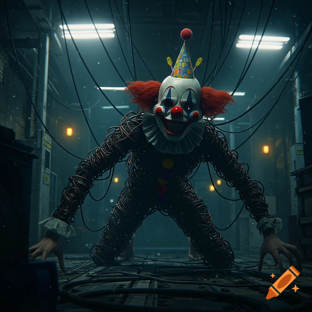 A grotesque clown with a wired body and birthday hat crawls in a dark, dystopian facility.