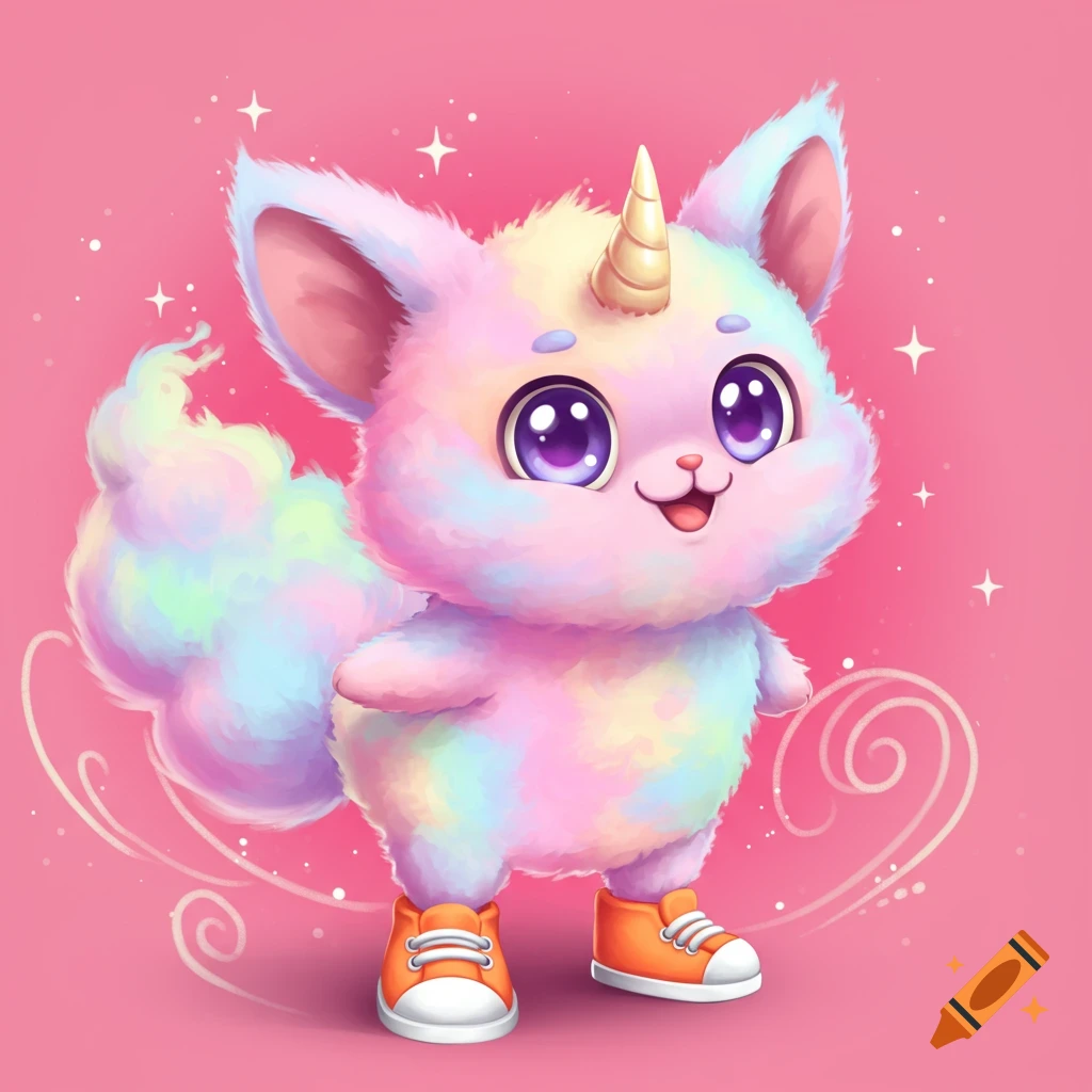 Cute fluffy pastel unicorn-cat creature with big purple eyes and a golden horn, wearing orange sneakers, on a pink background.
