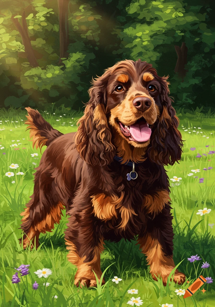 A brown and tan cocker spaniel with long fur stands in a grassy field with white and purple flowers.