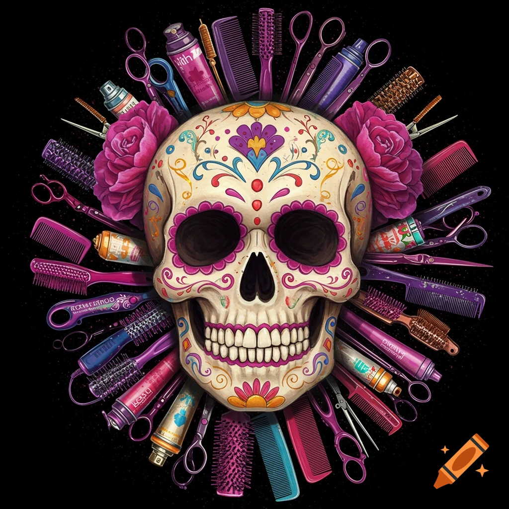A vibrant Day of the Dead sugar skull surrounded by various hair tools like combs, brushes, scissors, and spray bottles on a black background.