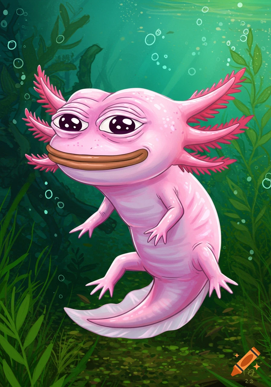 A cartoonish pink axolotl with the face of Pepe the frog swims underwater among green plants and bubbles.