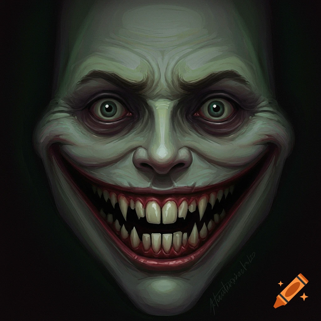 Close-up of a pale green, grotesque face with a wide, unnatural smile and sharp, pointed teeth, set against a dark background in a digital art style.