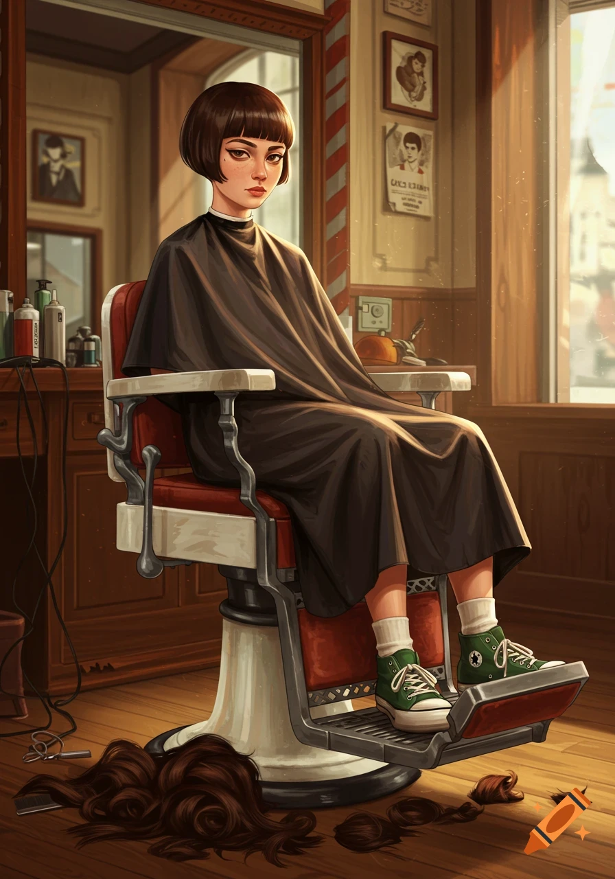 A stylized illustration of a girl with a bob haircut sitting in a barber's chair, with cut hair on the floor.