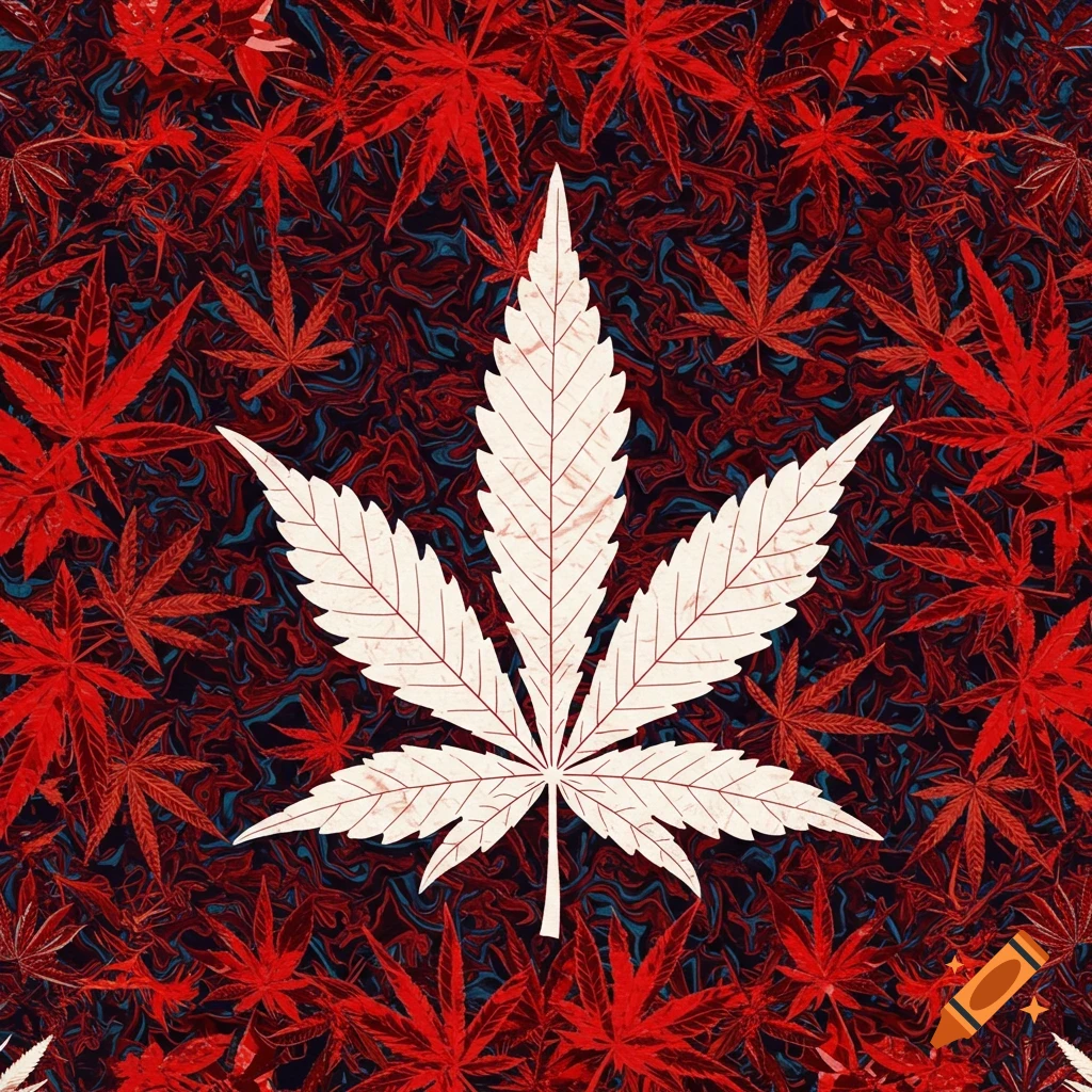 A stylized white cannabis leaf centered on a background of smaller red cannabis leaves and a swirling red and blue abstract pattern.