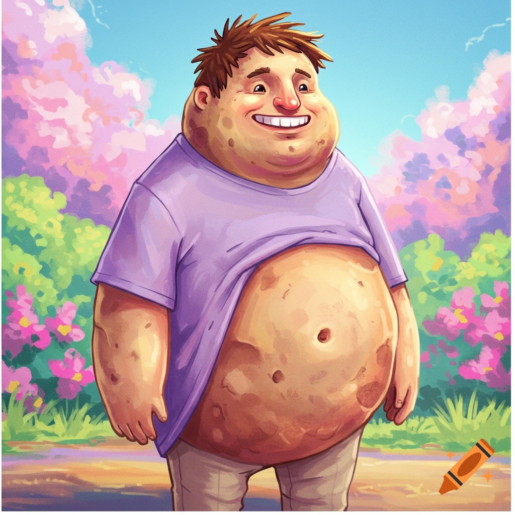 Cartoon illustration of a smiling, overweight man with a large belly exposed, standing in a field of pink flowers.