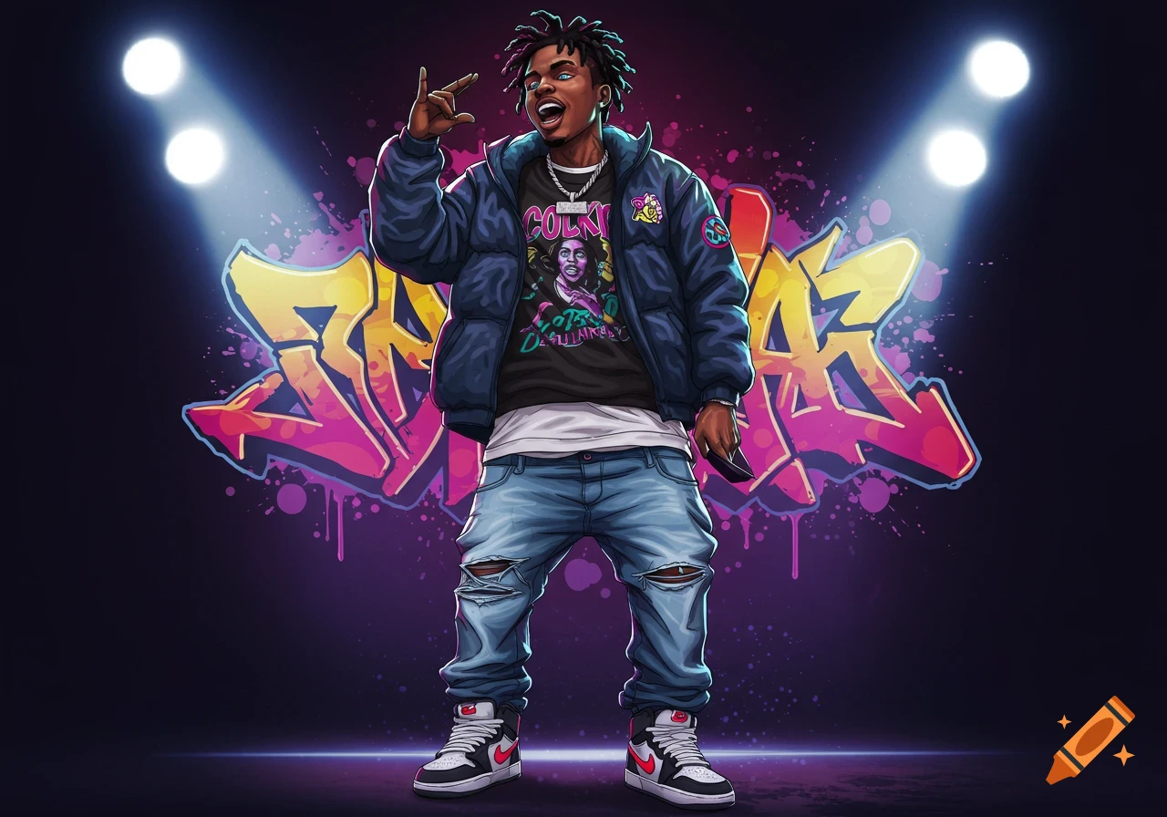 A stylized illustration of a male figure in a puffer jacket, ripped jeans, and sneakers, standing under spotlights with vibrant graffiti behind him.