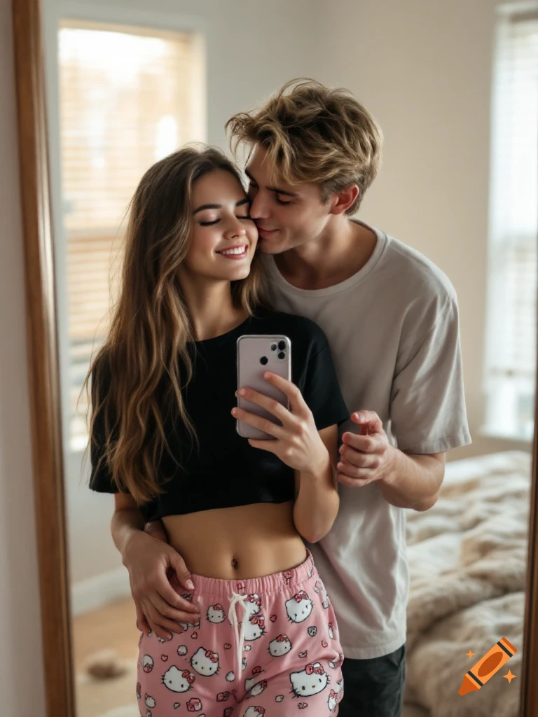 A photorealistic mirror selfie of a teenage couple in a bedroom. The boy kisses the smiling girl on the cheek.