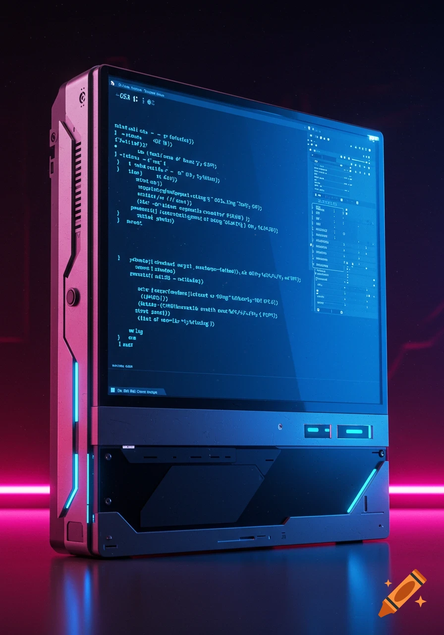 A futuristic computer with a glowing blue screen displaying lines of code, lit by vibrant pink and blue neon lights in a dark room.