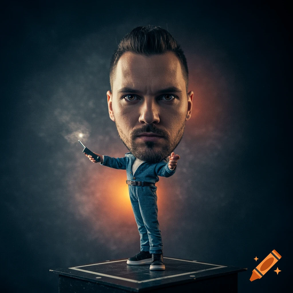 A man with a large head, wearing a denim jumpsuit, holds a remote device and points forward, standing on a dark stage.