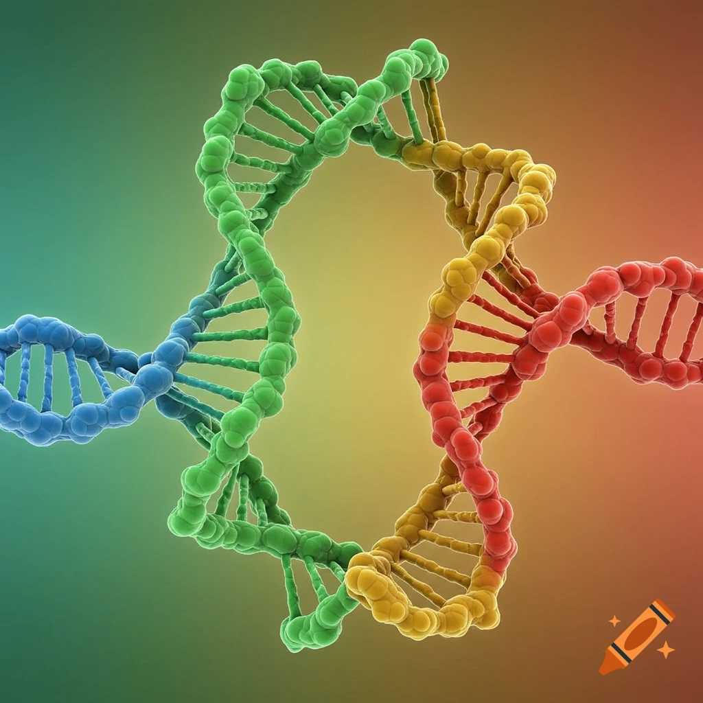 A 3D render of three intertwined, colorful DNA double helix strands against a gradient background.