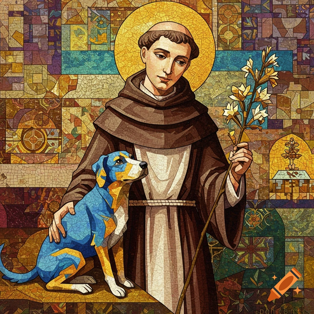 A colorful abstract mosaic illustration of a saintly man in brown robes holding a staff, standing next to a blue and gold dog.