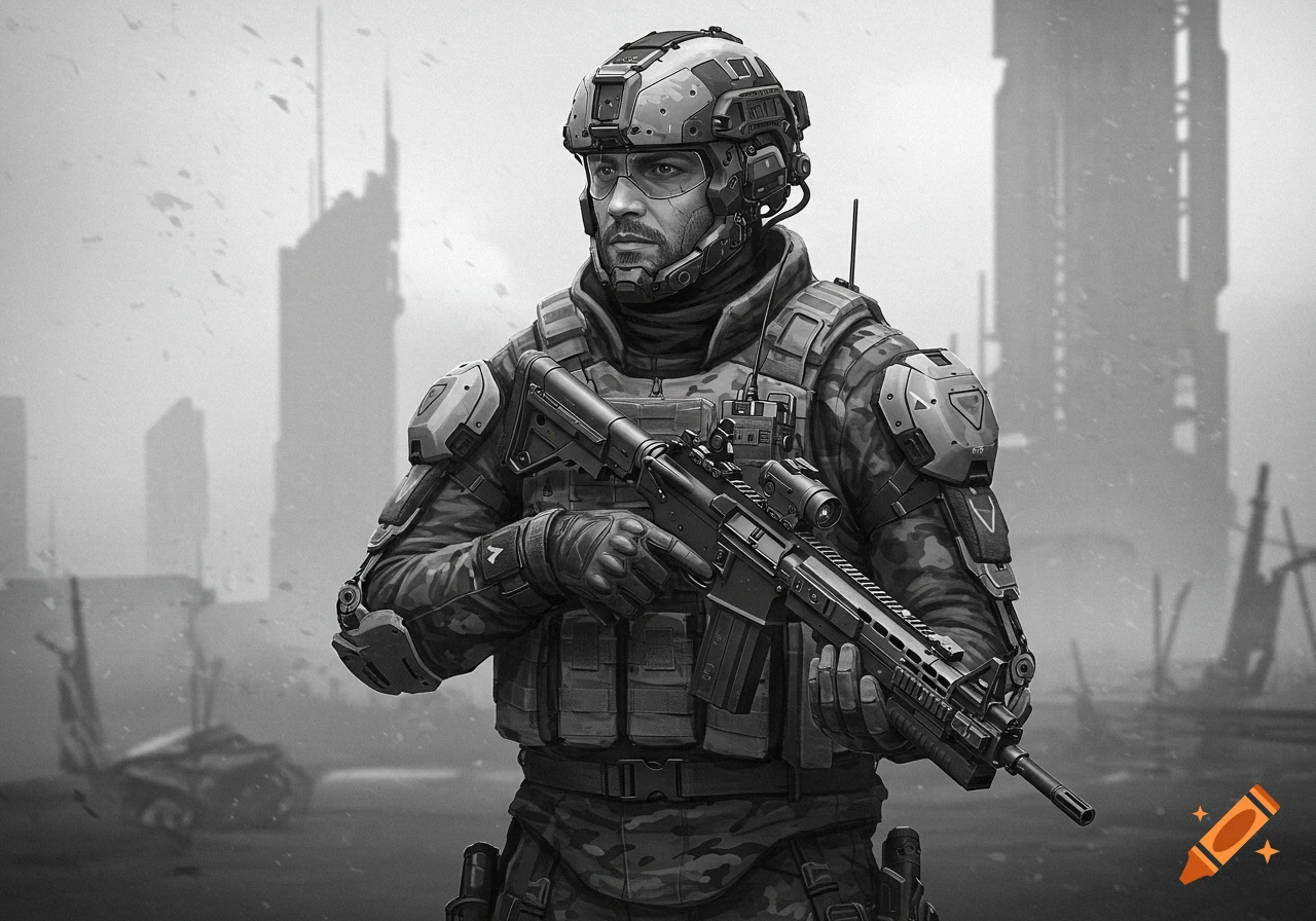 A black and white digital illustration of a futuristic military soldier in advanced tactical gear holding a rifle, with a hazy city background.