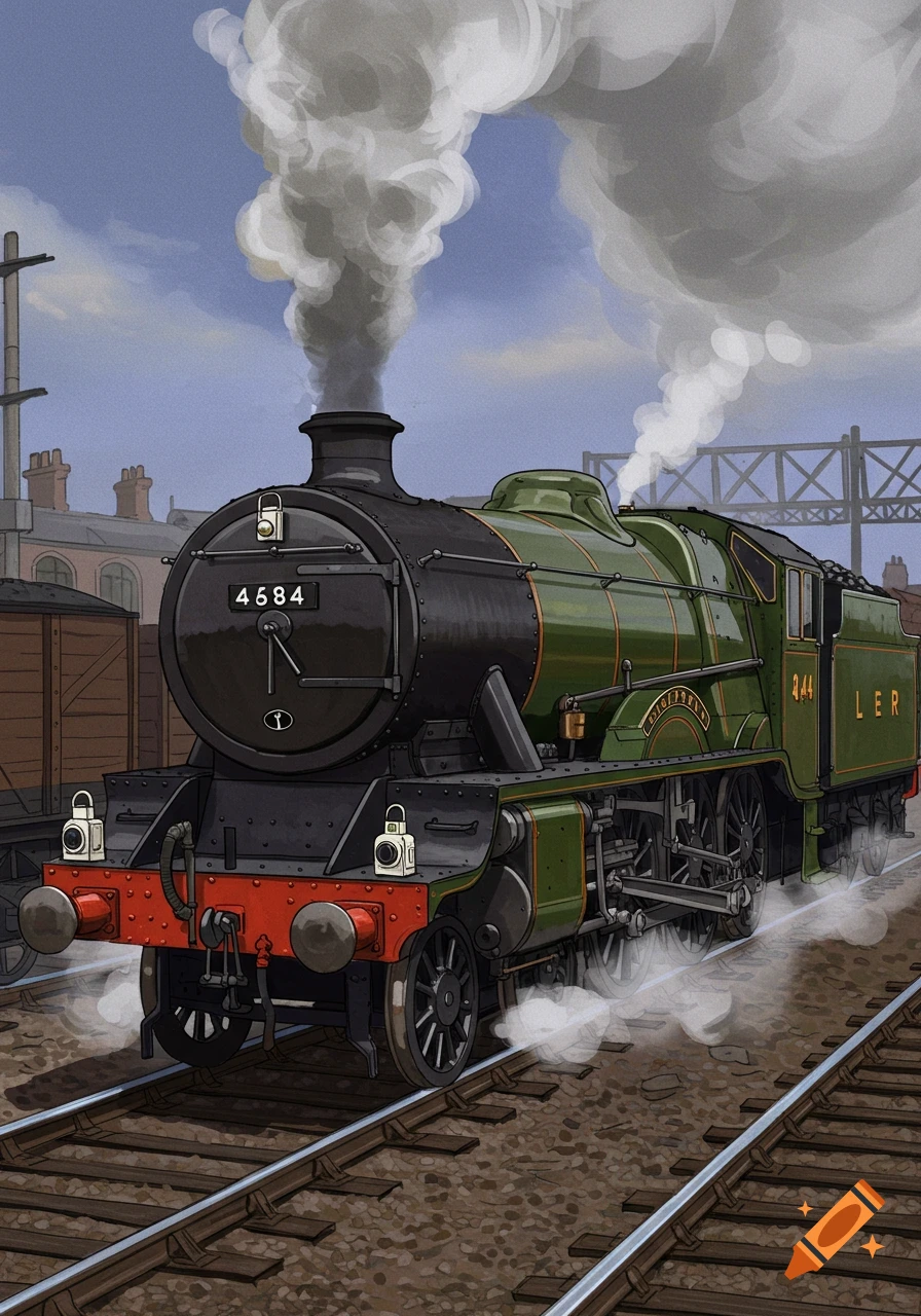 An illustration of a green and black steam locomotive, number 4584, on railway tracks with smoke billowing from its chimney.