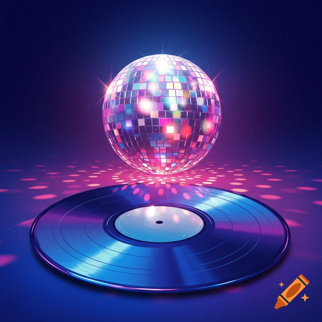 A glowing disco ball floats above a blue vinyl record, casting colorful lights in a dark, retro setting.