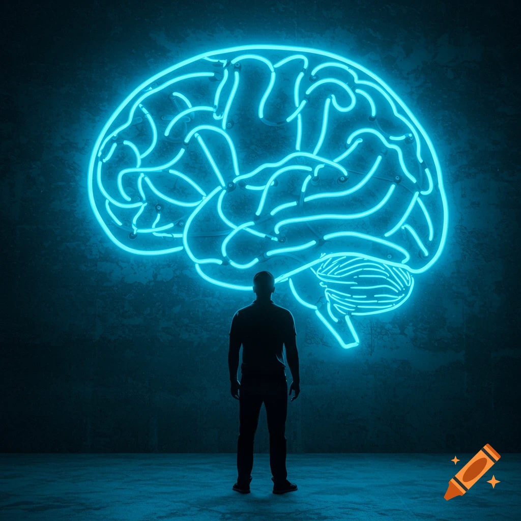 A silhouetted man stands with his back to the viewer, looking at a large, glowing blue neon brain on a dark, textured wall.