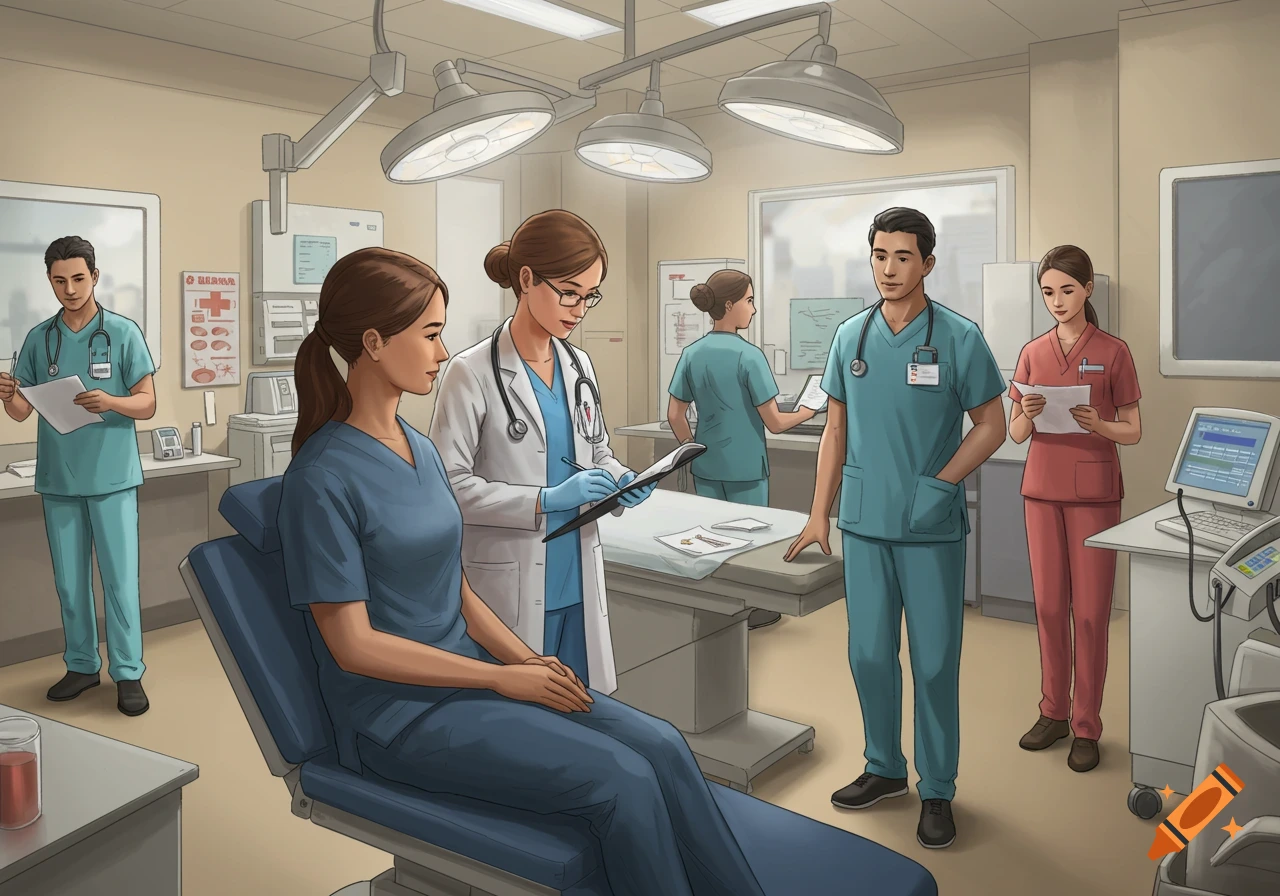 An illustration of healthcare professionals and a patient in a medical examination room.