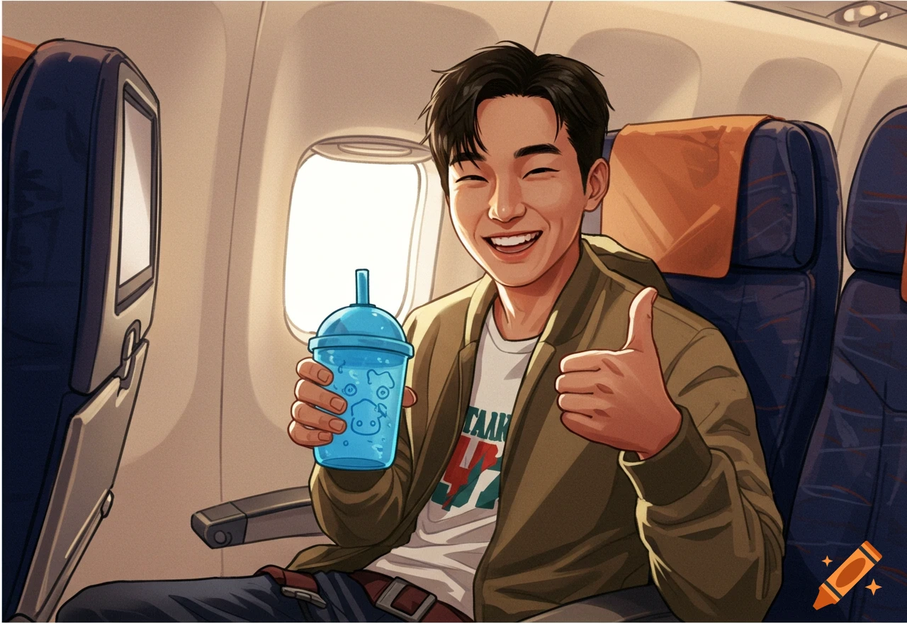 A smiling Asian man in a cartoon style, sitting in an airplane economy seat, holding a blue sippy cup and giving a thumbs up.