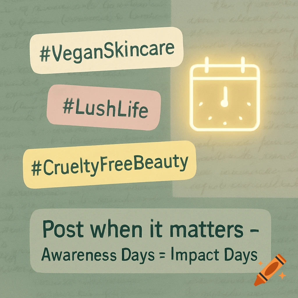 Graphic with hashtags #VeganSkincare, #LushLife, #CrueltyFreeBeauty, a glowing calendar icon, and text 'Post when it matters - Awareness Days = Impact Days' on a sage green background.