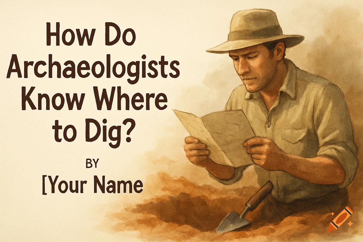 A male archaeologist in a hat reads a map next to a shovel in an excavation site, with text "How Do Archaeologists Know Where to Dig?".