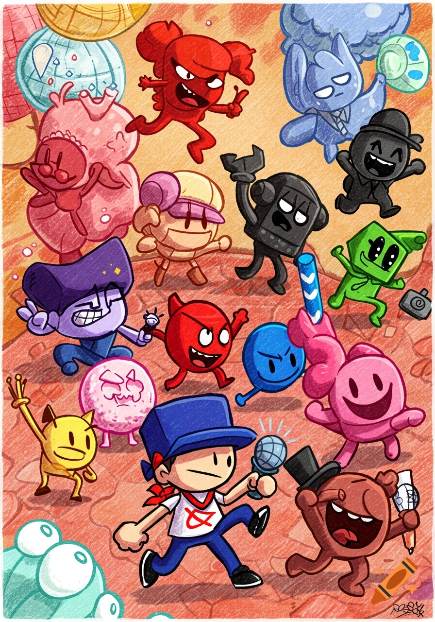A vibrant cartoon illustration featuring numerous diverse object-like characters and one human-like character with a microphone, on a textured, reddish landscape.