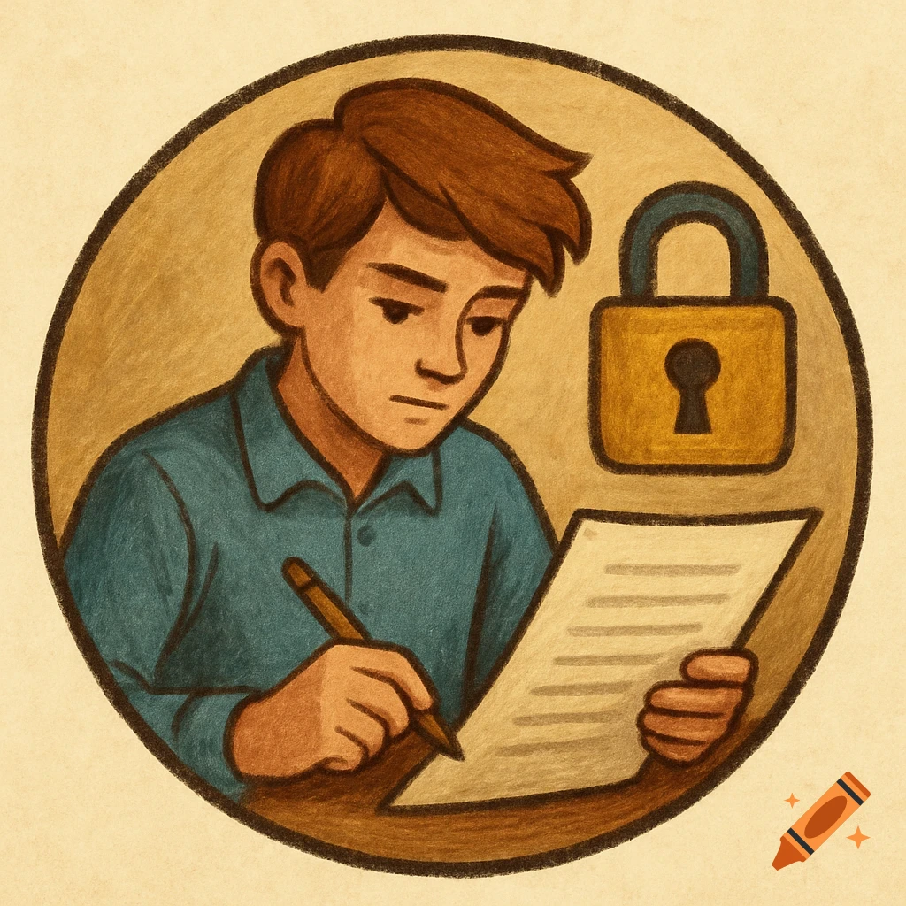 Illustration of a student writing on a document next to a padlock, set within a circle.