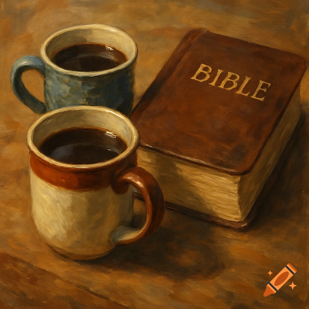 Two cups of coffee in mismatched mugs next to a Bible on a wooden surface, painted in an oil style.