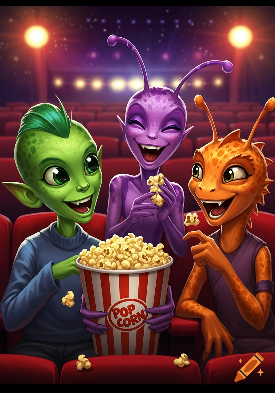 Three colorful cartoon aliens laughing and eating popcorn in a movie theater.