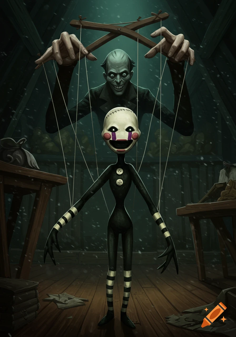 A creepy man with a sinister smile controls a marionette puppet with white skin, purple eyes, and red cheeks, in a dark, dusty room.