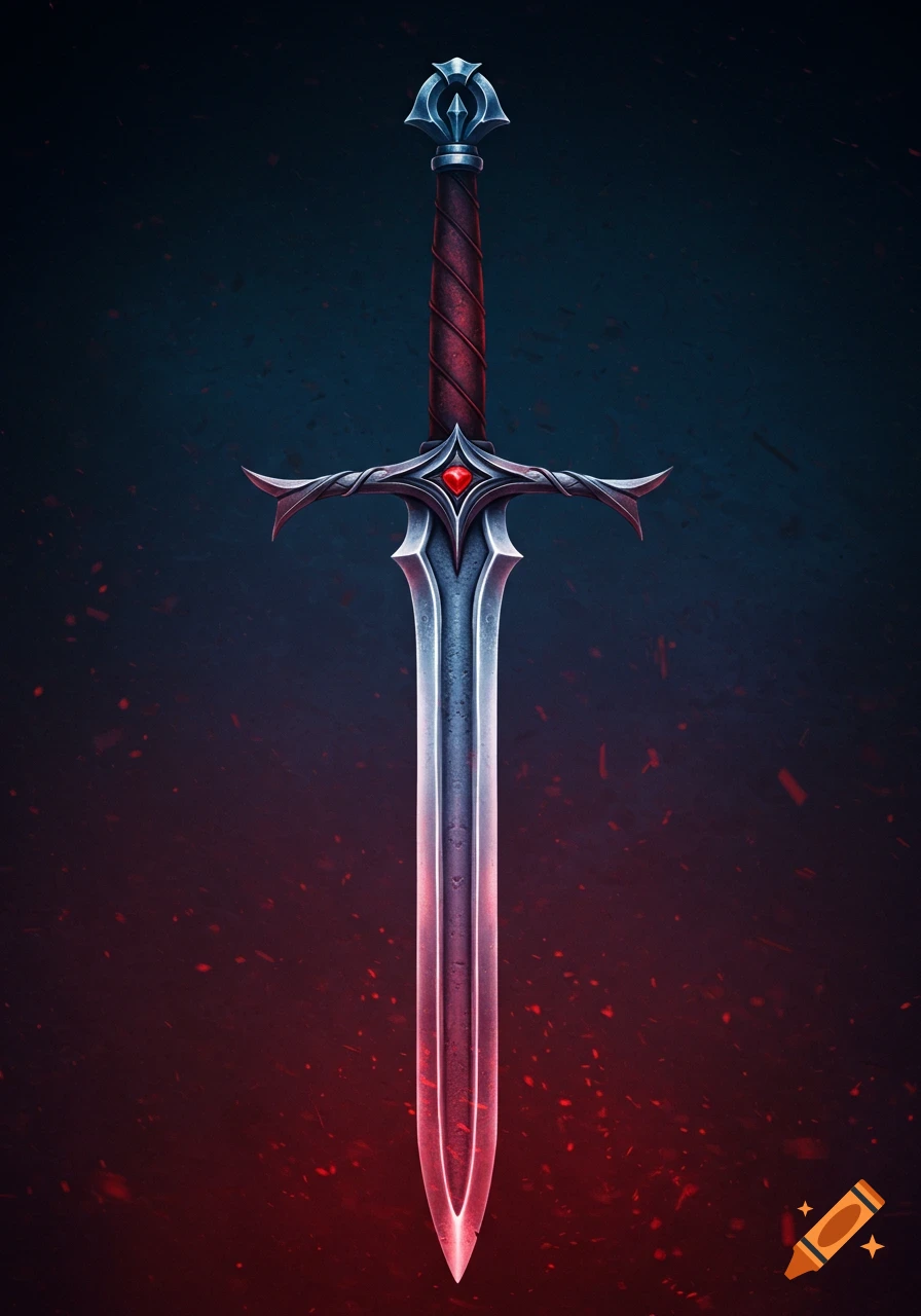 An ornate fantasy sword with a red gem on its hilt and a glowing blade, set against a dark background with red embers.