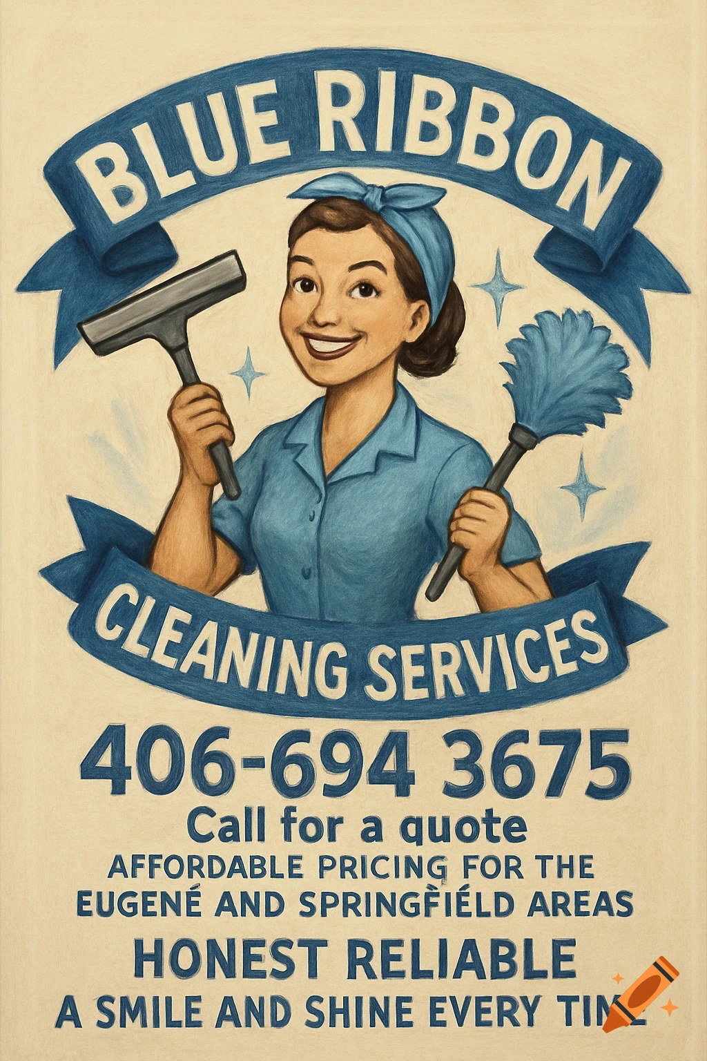 A vintage-style advertisement for Blue Ribbon Cleaning Services features a smiling woman in a blue uniform holding a squeegee and duster, surrounded by text and a blue ribbon.