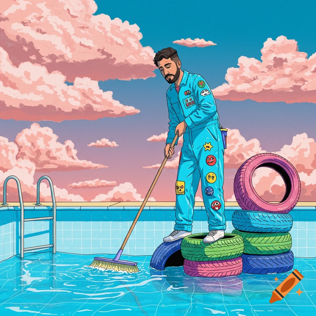 A man in a blue jumpsuit cleans a swimming pool with a broom while standing on a stack of colorful car tires under a vibrant sky with pink clouds.