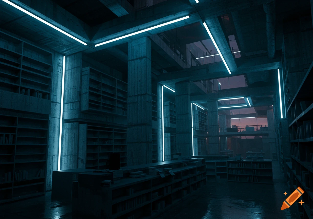 A brutalist concrete library interior illuminated by bright blue fluorescent lights, with empty shelves and a desk in the foreground, at dusk.