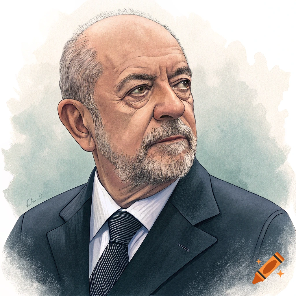 Watercolor portrait of Lula Da Silva, a balding man with a beard, looking right, wearing a dark suit and striped tie.